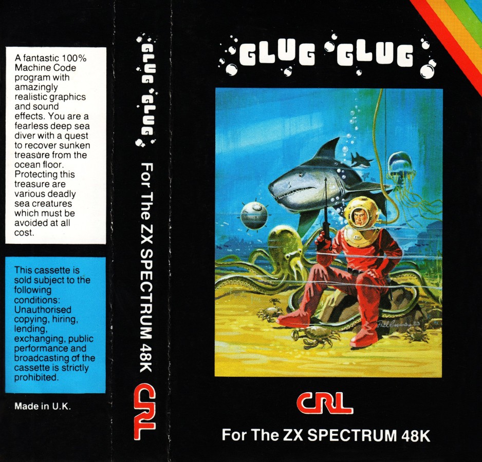 Glug Glug cassette inlay: a painted deep-sea diver in a red suit and brass helmet on the ocean floor, a shark and octopus behind him